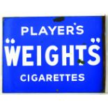 PLAYERS WEIGHTS ENAMEL SIGN. 16 x 112ins, double sided, hanging sign for PLAYERS/ WEIGHTS/