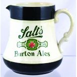 SALTS BURTON ALES JUG. 5.25ins tall, off white glaze, dark green bands top & bottom. SALTS/ GOLD