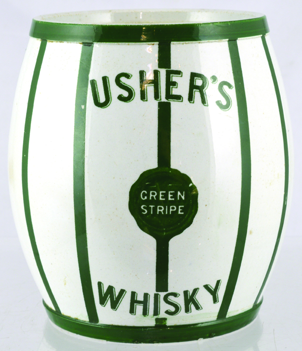 USHERS WHISKY BARREL. 5.5ins tall, white glaze, with green stripes all round, USHERS/ WHISKY in - Image 2 of 4