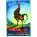 HALIFAX BREWERY FRAMED ADVERT. 34 x 25ins, multicoloured pictorial image of a cockerel atop