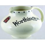 WORTHINGTON PUB JUG. 3.75ins tall, off white, squat shaped jug for WORTHINGTON in black lettering