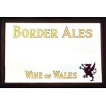 BORDER ALES ADVERTISING MIRROR. 36 x 24ins, framed mirror for BORDER ALES/ WINE OF WALES in gold &