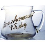 WHISKY WATER JUG. 3.75ins tall, clear glass, handled jug for THOM & CAMERONS/ WHISKY in gold