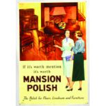 MANSION POLISH SHOWCARD. 16.5 x 11ins, multicoloured 50â€™s image of 2 ladies & dining room