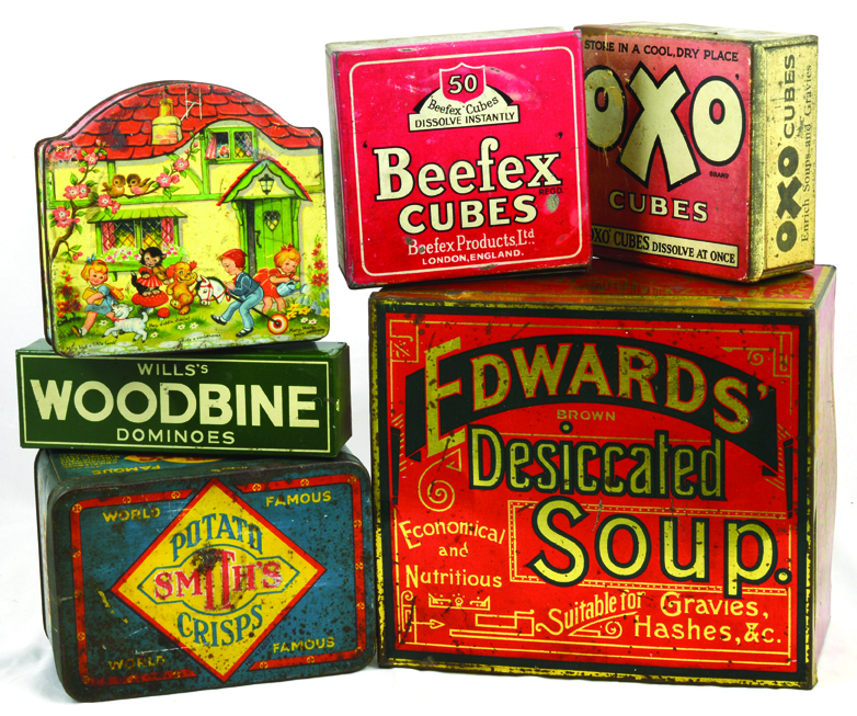 TINS GROUP. A variety of tins for various products, WOODBINE (dominoes), OXO, SMITHS, BEEFEX etc.