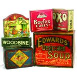 TINS GROUP. A variety of tins for various products, WOODBINE (dominoes), OXO, SMITHS, BEEFEX etc.