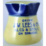 J.W LEES ALE & STOUT JUG. 4ins tall, blue top, handled jug for DRINK/ J.W. LEES & COS/ ALES &