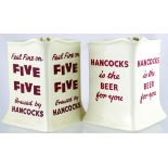 PAIR OF HANCOCKS JUGS. 5.5ins tall, square, off white glaze, red lettering. 2 variants for