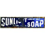 SUNLIGHT SOAP ENAMEL SIGN. 36 x 8ins, advertising SUNLIGHT/ SOAP... white lettering on dark blue