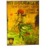 McDOUGALLS SHEEP-DIP TIN SIGN. 16 x 12ins, very poor image of Edwardian/ Early Victorian, bonnetted,