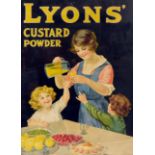 LYONS CUSTARD POWDER SHOWCARD. 17 x 13ins, framed advert for LYONS/ CUSTARD/ POWDER in yellow on