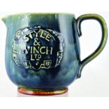 ROYAL DOULTON ALE JUG. 4.5ins tall, mottled green/ blue, handled jug for FARMER/ ALE one side STYLE/