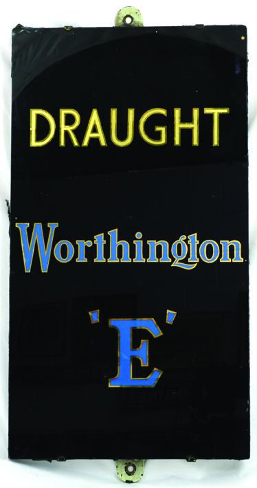 WORTHINGTON E GLASS ON SLATE SIGN. 20 x 11ins, advert for DRAUGHT/ WORTHINGTON/ E, in gold & blue