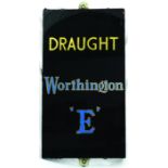 WORTHINGTON E GLASS ON SLATE SIGN. 20 x 11ins, advert for DRAUGHT/ WORTHINGTON/ E, in gold & blue