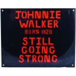 JOHNNIE WALKER METAL SIGN. 20 x 16ins, 2 sheets of metal joined together, one black, one red. The
