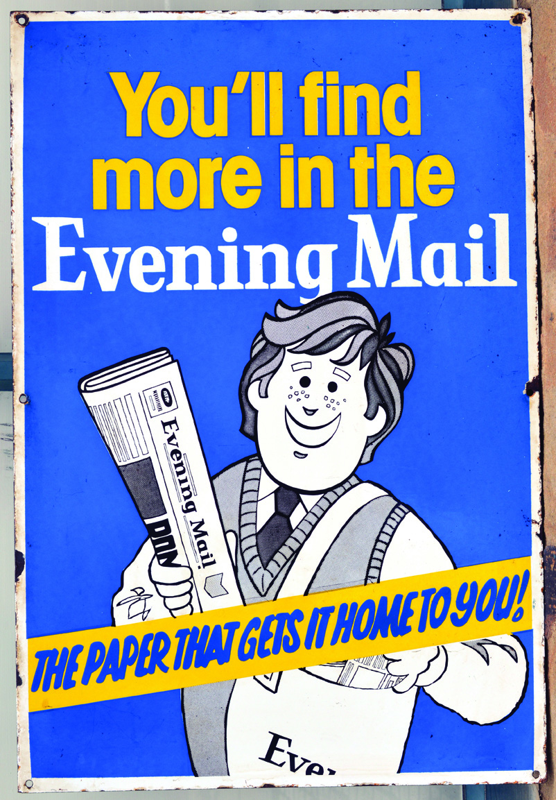 EVENING MAIL ENAMEL SIGN. 18.5 x 27.5ins. Bright blue background with jolly newspaper reader - above