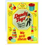 DANDY TOYS PRINTED TIN SIGN. 12 x 9ins, stand-up sign (unused). Fabulous strong colours, images of