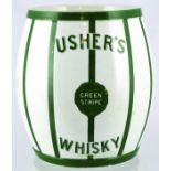 USHERS WHISKY BARREL. 5.5ins tall, white glaze, with green stripes all round, USHERS/ WHISKY in