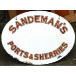 SANDEMANS OVAL MIRROR. 30 x 22ins, bevelled edged mirror for SANDEMANS/ PORTS & SHERRIES in red &