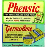 PHENSIC & GERMOLENE PRINTED TIN SIGNS. Each 7 x 13ins. Both feature detailed packages of the