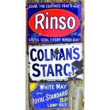 GROUP OF 3 ENAMEL SIGNS. Inc. RINSO, COLMANS STARCH & BP OILS. General wear. (3)