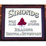 SIMONDS FRAMED MIRROR. 36 x 30ins, large pub mirror for SIMONDS/ PALE/ ALE/ AND/ STOUTS/ READING/