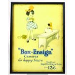 BOX-ENSIGN CAMERAS FRAMED ADVERT. 13 x 10ins, pictorial by A. John Nunney, illustrator & poster