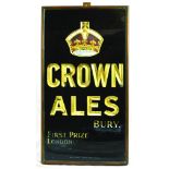 BURY CROWN ALES GLASS ON SLATE SIGN. 20 x 11ins, brass/ bronze framed glass on slate advertising