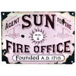 SUN FIRE OFFICE ENAMEL SIGN. 14 x 10ins, dusky pink enamel for AGENT SUN FOR THE/ FIRE OFFICE/