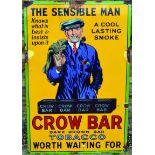 CROW BAR TOBACCO ENAMEL SIGN. 36 x 24ins, pictorial image of flat capped gent in blue jacket smoking