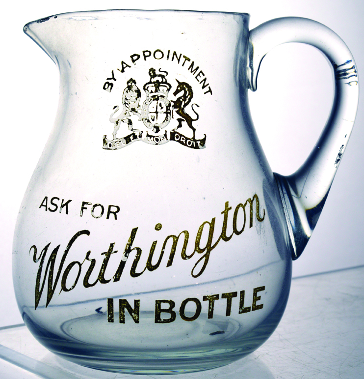 WORTHINGTONS PUB JUG. 5ins tall, clear glass, handled jug for ASK FOR/ WORTHINGTON/ IN BOTTLE & coat