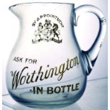 WORTHINGTONS PUB JUG. 5ins tall, clear glass, handled jug for ASK FOR/ WORTHINGTON/ IN BOTTLE & coat