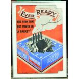 EVER READY SHOWCARD. 40 x 28ins, framed showcard for EVER/ READY..... pictorial image of works