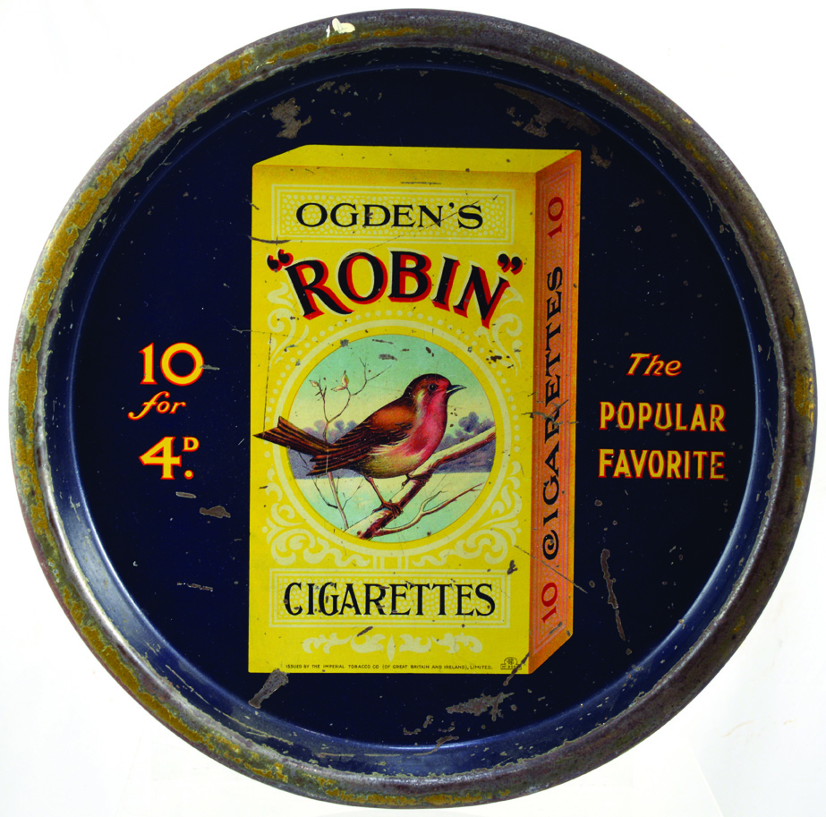 OGDENS/ ROBIN/ CIGARETTES BLACK BACKED TIN TRAY. 12.2ins diam. Heavy pressed metal tray with