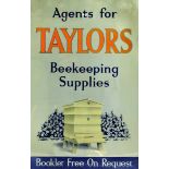 TAYLORS TIN STAND UP ADVERT. 20 x 16ins, framed tin sign for Agents for/ TAYLORS/ Beekeeping/