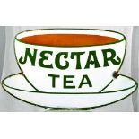 NECTAR TEA ENAMEL SIGN. ins, in shape of cup & saucer. NECTAR/ TEA green lettering on white. Minor