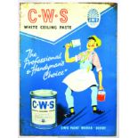 DERBY C.W.S TIN ON CARD ADVERT. Multicoloured image handyman with paste brush & tin in hand. C.W.S./