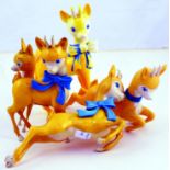 BABYCHAM GROUP. 4 early plastic classic deer figures, yellow with blue bows (2 missing) plus ceramic