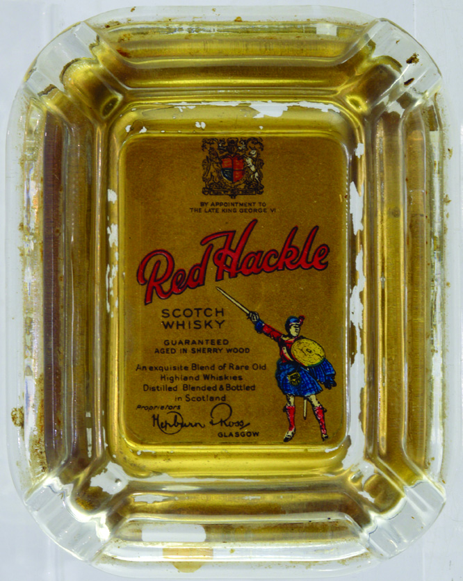Red Hackle/ SCOTH/ WHISKY GLASS ASHTRAY. 5 x 6.25ins. Printed to the rear with pictorial image of