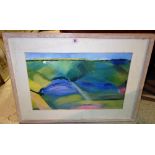 A quantity of collectables, including a watercolour of an abstract landscape, a glass ceiling light,