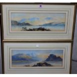 Attributed to Edwin Earp, Mountainous lake landscapes, a pair, watercolour, each 16cm x 48cm.