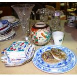 A group of ceramics and glass, including cut glass vases, a pair of Imari pattern dishes,