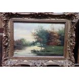 F. de Chattel (c.1900), Wooded river scene, oil on panel, signed, 20cm x 30cm.