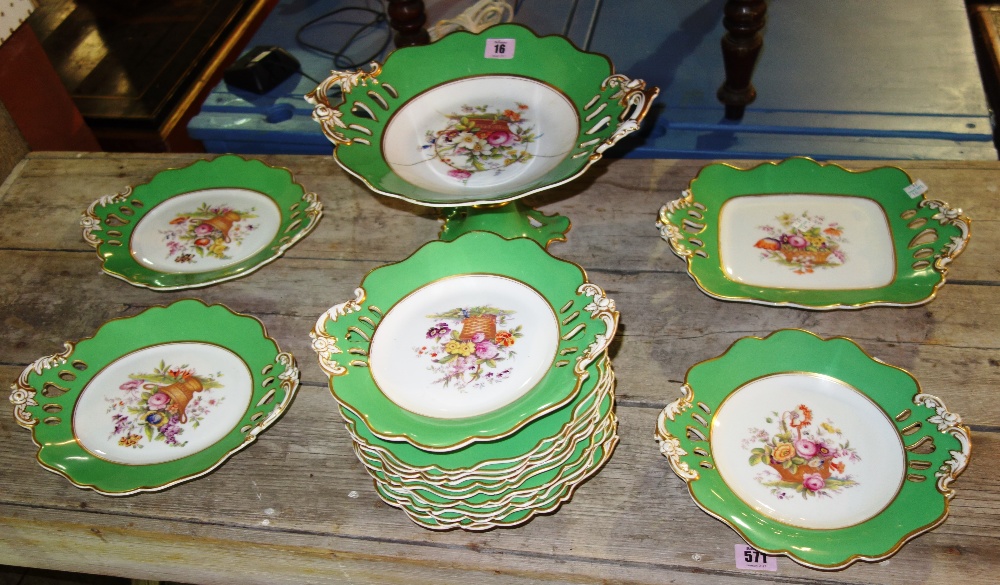 A Wedgwood part tea set and a Victorian green and gilt desert service, (qty).