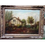 English School (19th century), Cottage scene, oil on canvas, 25cm x 34cm.