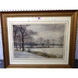 Charles Pinoult (19th century), Fields in winter, watercolour, signed, 34cm x 50cm.