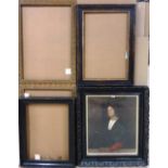 A group of five wooden frames, including three ebonised, the largest aperture 65cm x 55cm.