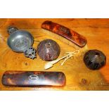 A quantity of collectables, including a pewter dish, clothes brushes, a shell,