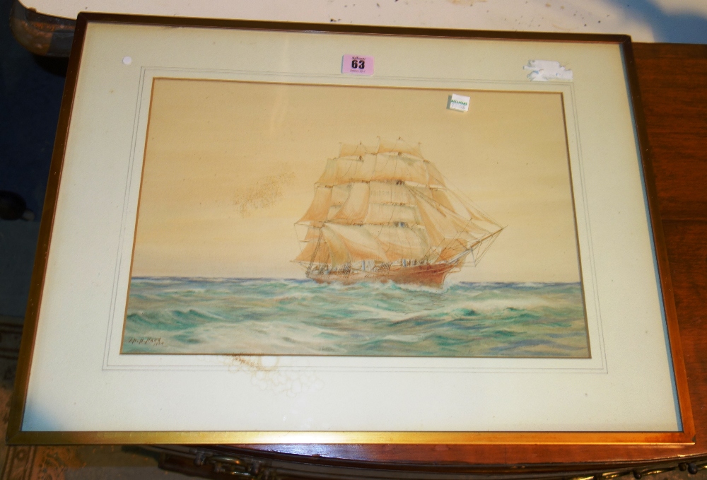 T.H.H Hand; watercolour, Masted ship on full sail, early 20th century signed & dated, 40cm x 27cm.