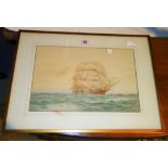 T.H.H Hand; watercolour, Masted ship on full sail, early 20th century signed & dated, 40cm x 27cm.
